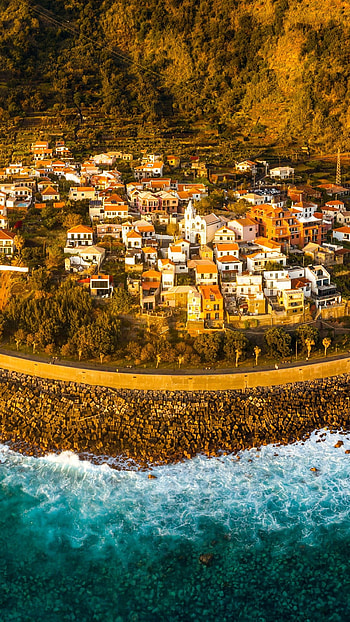 Madeira travels, Jardim do Mar, Surfing spot, Aerial view HD phone wallpaper