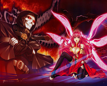 Fight with Evil, sexy, brave, underboob, hot, red hair, anime girl, corticarte apa lagranges, thighhighs, shinkyoku soukai polyphonica, cool, evil skull, fighter, heart, big breasts, female HD wallpaper