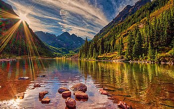 Alps, sunset, beautiful nature, lake, mountains, forest, Europe HD wallpaper