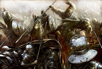 The Battle Joined, shield, horse, armour, battlefield, fantasy, swords, helmet, pilum, spear, warriors HD wallpaper
