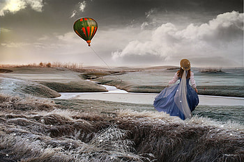 Winter Dream, winter, girl, balloon, fantasy landscape, dream HD wallpaper