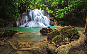 Waterfall, river, plants, colors, peaceful, beauty, trees, mountains, water, magic, color, woods, fall, landscape, beautiful, tree, stones, leaves, pretty, green, view, fields, nature, lovely, forest, splendor HD wallpaper