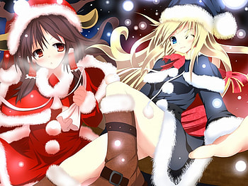 Touhou Xmas!, blue, blonde, cute, touhou project, long hair, beauty, xmas, zun, snow, marisa, hakurei, shrine maiden project, kirisame, sexy, santa claus, anime girl, anime, christmas, red, touhou, reimu HD wallpaper