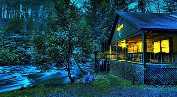 Nature, Rivers, Trees, Twilight, Shine, Light, Flow, House, Dusk, Veranda, Star HD wallpaper
