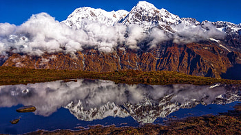A view of Annapurna south at Mardi Himal trek, Nepal, snow, trees, autumn, landscape, water, lake, reflections, fall, colors, leaves HD wallpaper