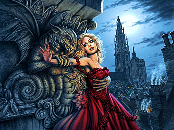 Gargoyles Embrace, digital, art, dragon, stone, girl HD wallpaper
