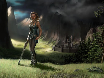 the defender, sword, castle, warrior, female HD wallpaper
