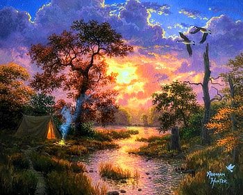 The Best Day, attractions in dreams, forests, paintings, love four seasons, clouds, trees, autumn, flying birds, nature, sky, campfire, fall season, rivers HD wallpaper