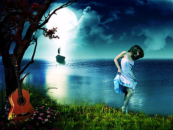 Waiting for you, night, boat, guitar, lovers, woman, beach HD wallpaper