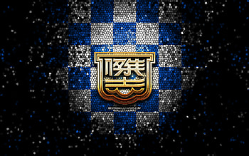 Kitchee SC, glitter logo, Hong Kong Premier League, blue white checkered background, soccer, Hong Kong football club, Kitchee SC logo, mosaic art, football, Kitchee FC HD wallpaper