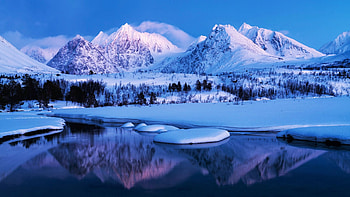 Norwegian Winter, snow, scandinavia, trees, landscape, sky, mountains, lake HD wallpaper