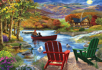 Lake Life, landscape, cabin, artwork, ducks, chairs, digital, boats, trees, water HD wallpaper