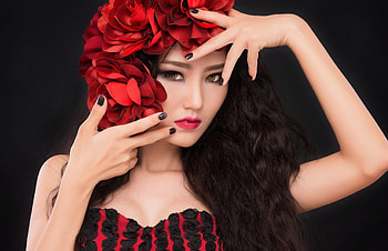 Beauty, black, model, asian, flower, red, girl, woman HD wallpaper