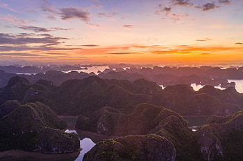 Hills, coast, sunset, horizon, nature HD wallpaper