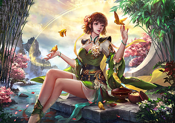 Bird Whisperer, art, fantasy, flowers, nature, girl, woman, birds, , digital, pretty HD wallpaper