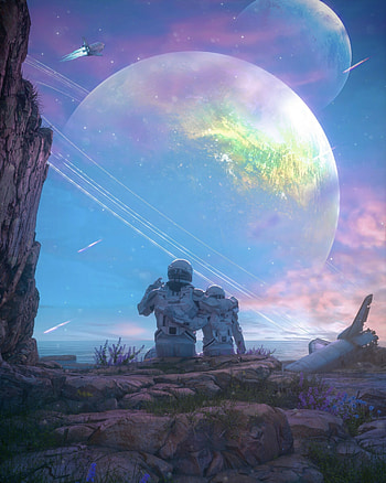 Couple astronaut, watching planet, fantasy HD phone wallpaper