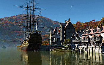 Fantasy Harbor, landscape, buildings, sail, ship HD wallpaper