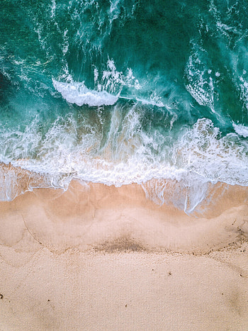 Aerial view, sea waves, beach, green white HD phone wallpaper