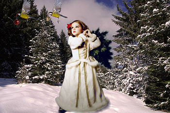 Let's decorate our Christmas tree!, two, winter, holidays, snowy forest, birds, girl, dress, tree, little, snow, christmas, vintage HD wallpaper