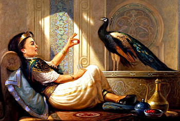 Beauty and Peacock, paint, peacock, orient, woman HD wallpaper