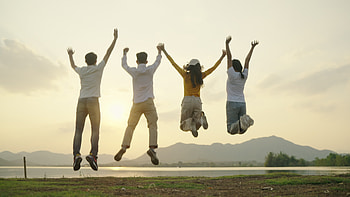 Happy teenagers, Group celebration, Sunset mountain, Joyful jump HD wallpaper