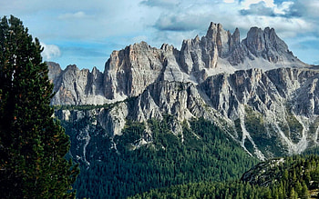 Italian Dolomites, snapped from the trail that runs through the Cinque Torri near Cortina d'Ampezzo, peaks, landscape, clouds, trees, sky, alps, forest HD wallpaper
