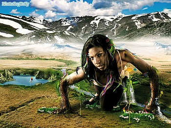 lady in nature, lady, landscape, flowers, grass, water, cloud, mountain HD wallpaper