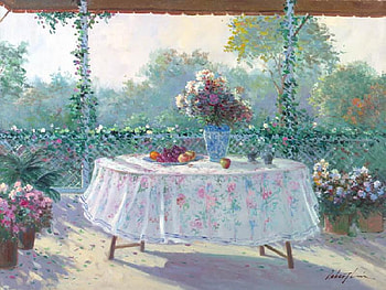 Gazebo Still Life, rail, table, gazebo, vase, vines, table cloth, flowers, fruits HD wallpaper