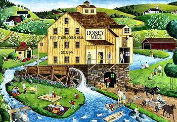 Honey Mill F, river, architecture, art, mill, beautiful, artwork, scenery, wide screen, painting, water, stream HD wallpaper