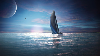 Night Landscape Ocean Moon Boat Sailings Landscapes HD wallpaper