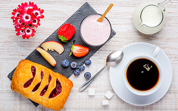 Breakfast, coffee, fruit, pastery HD wallpaper