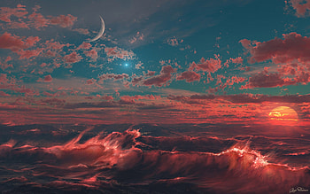 Sunset On The Waves, skies, crest, sub, surf, waves, surfer, moon, sky, wave, sunset, ocean HD wallpaper