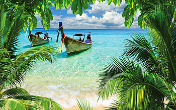 tropical islands, ocean, summer, boats, Thailand, palm trees, summer travels HD wallpaper