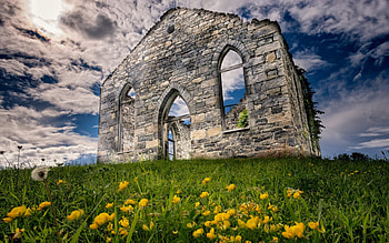 ruined church in rivire la guerre quebec canada, ruins, sky, flowers, grass, church, hill HD wallpaper