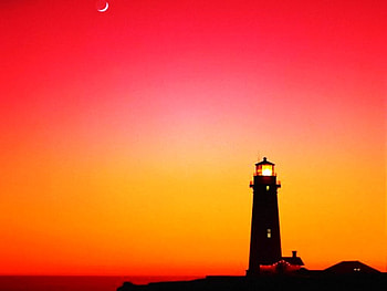 Light House, moon, sunset, evening, beach HD wallpaper