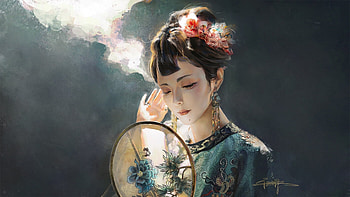 Girl with hand fan, gorgeous, tang maohua, evantai, girl, frumusete, asian, hand, superb, hand fan, fantasy, face, luminos HD wallpaper
