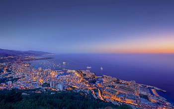 Cities, Sunset, Ships, Sea, Building, Lights, Coast HD wallpaper