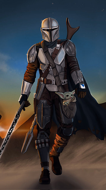 Mandalorian & Grogu, art, cartoon HD phone wallpaper