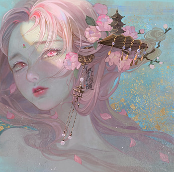 Spring, blossom, frumusete, art, suisui, gorgeous, girl, superb, wind, pink, fantasy, breeze, flower, face, luminos HD wallpaper