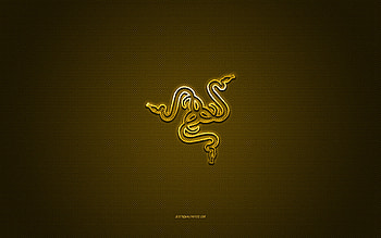 Razer logo, metal emblem, golden carbon texture, Razer, brands, adidas, yellow background, Razer emblem HD wallpaper