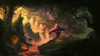 Forest, broken bridges, fantasy, castles, art HD wallpaper