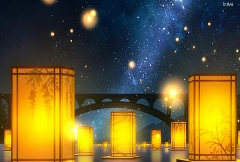 Anime Lanterns, night, river, ibun, anime, hakkenden, lantern HD wallpaper