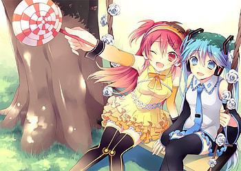 Kanon Nanase & Hatsune Miku, awesome, artistic, nice, digital, cg, hatsune, aqua eyes, sweet, white, hatsune miku, twintail, aqua, tree, anime girl, anime, light, green, stockings, black, song, cute, red eyes, beauty, reflection, thighhighs, friends, program, diva, pink, aqua hair, yellow, shade, glow, uniform, nanase, outside, outfit, art, girl, headset, singer, pretty, virtual, kanon, sunlight, heads, red hair, vocaloid, dress, miku, brown, music, vocaloids, skirt, beautiful, tie, kanon nanase, swings, red, cool, clouds, lolipop, sky, flowers, idol, micro HD wallpaper