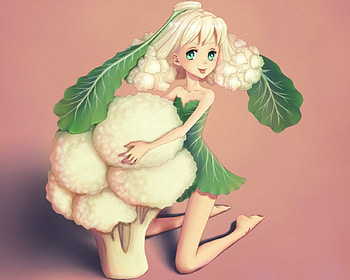 CauliFlower, vegetables, cute, nice, short hair, female, plain, sexy, sweet, white, hot, girl, food, kawaii, anime girl, simple, anime, pretty, green, white hair, lovely HD wallpaper