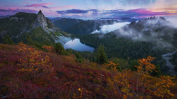 Foggy sunset in the Henry M. Jackson Wilderness, Washington, hills, fall, colors, landscape, autumn, trees, forest, usa HD wallpaper
