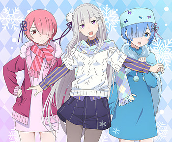 Re:Zero Winter Trio – Emilia, Ram & Rem in Cozy Style, Anime, Re:Zero - Starting Life in Another World, Ram (Re:ZERO), Rem (Re:ZERO), Emilia (Re:ZERO) HD wallpaper