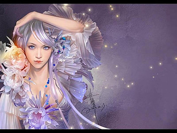 Colour, gorgeous, cute, girl, beauty, purple, anime, fantasy, cg, pretty, flower, face, lips, hair, eye, female HD wallpaper