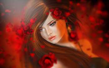 Rose girl, roses, girl, beautiful, beauty, woman, rose, fantasy, pretty, red, flowers, hair, lovely HD wallpaper