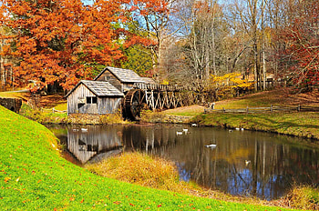 Mabry mill in autumn, reflection, mill, fall, autumn, beautiful, forest, pond, serenity HD wallpaper