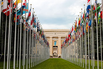 The United Nations Office in Geneva surrounded by international flags symbolizing global unity. HD wallpaper